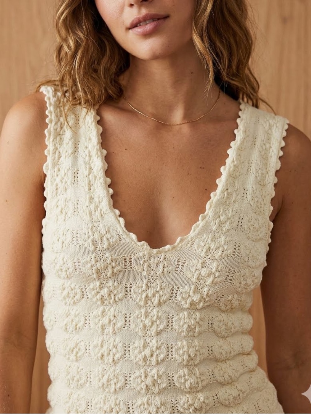 Intimately by Free People Cream Stretchy Knit Crochet Feel Tank Top Size S-M